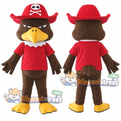 Brown Eagle Mascot Costume with Red Shirt and Red Pirate Hat Brown Eagle Mascot Costume with Red Shirt and Red Pirate Hat