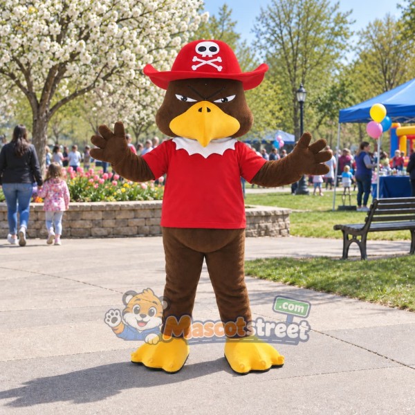 Brown Eagle Mascot Costume with Red Shirt and Red Pirate Hat