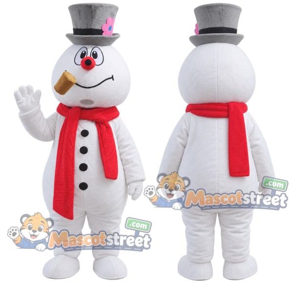 Snowman Mascot Costume with Gray Hat and Red Scarf