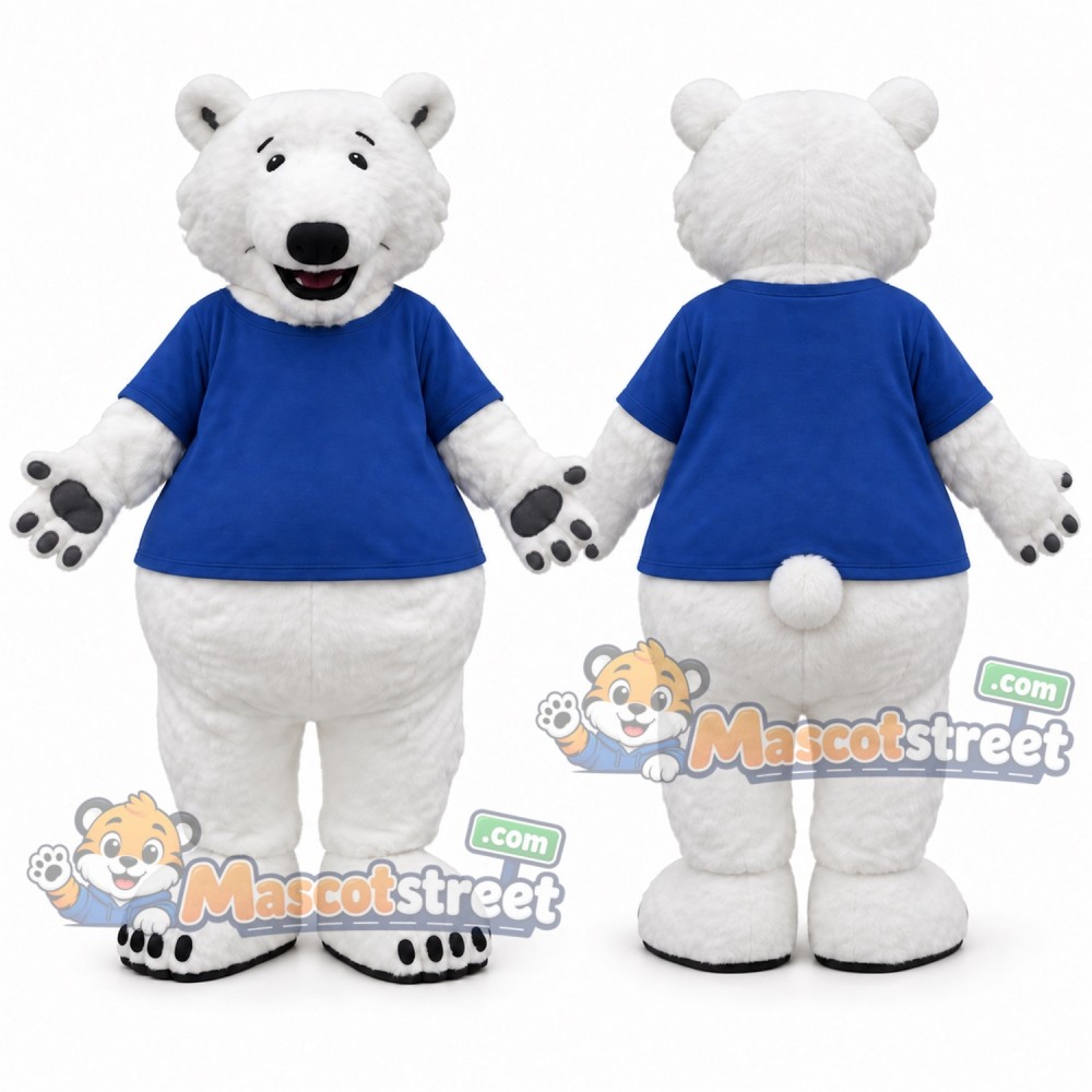 White Polar Bear Mascot Costume with Blue Shirt
