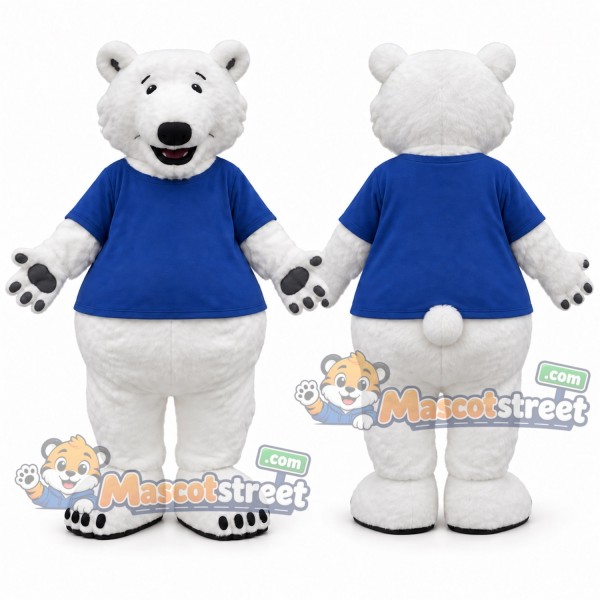 White Polar Bear Mascot Costume with Blue Shirt