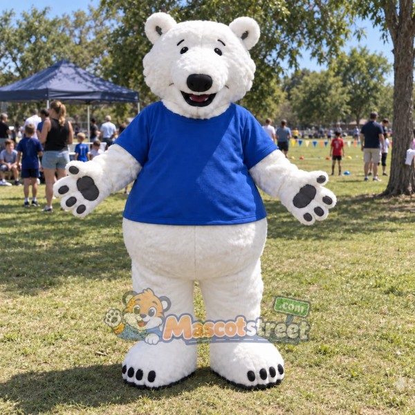 White Polar Bear Mascot Costume with Blue Shirt