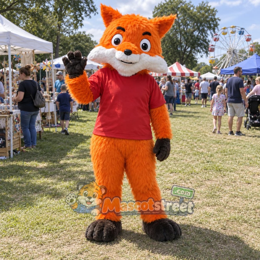 Orange Fox Mascot Costume with Red Shirt