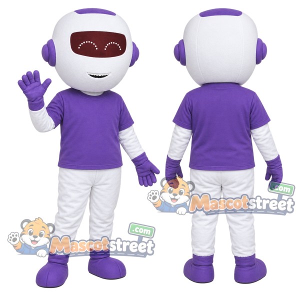 White Robot Mascot Costume with Purple Shirt
