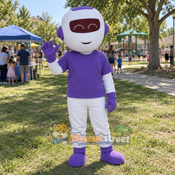 White Robot Mascot Costume with Purple Shirt