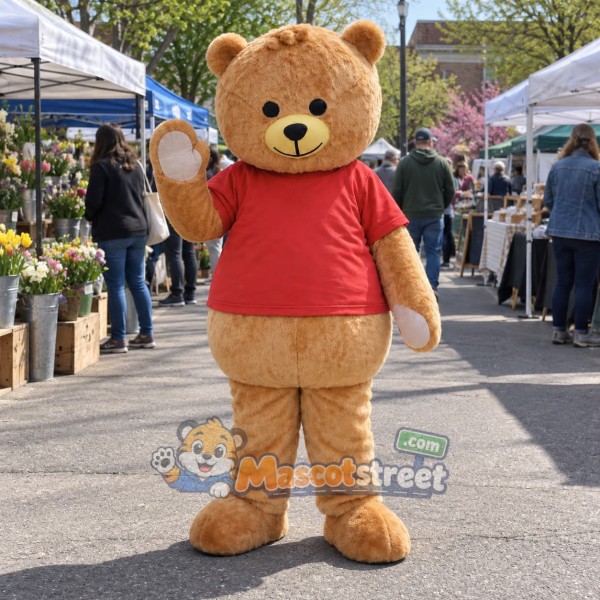 Brown Bear Mascot Costume with Red Shirt