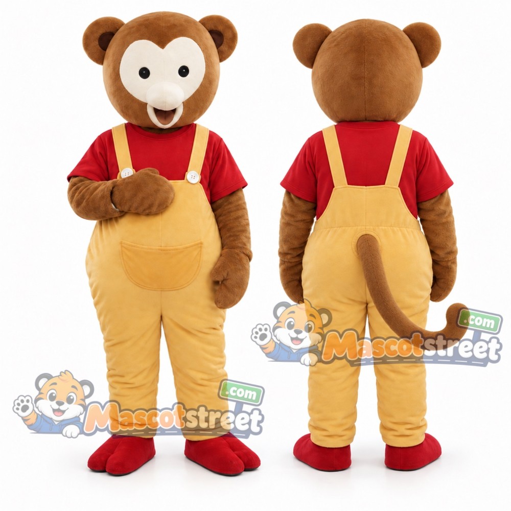 Brown Monkey Mascot Costume with Red Shirt and Yellow Overalls Brown Monkey Mascot Costume with Red Shirt and Yellow Overalls