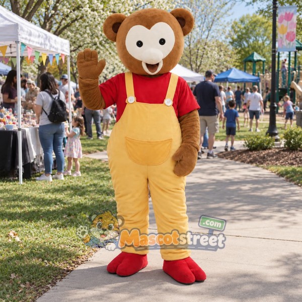 Brown Monkey Mascot Costume with Red Shirt and Yellow Overalls