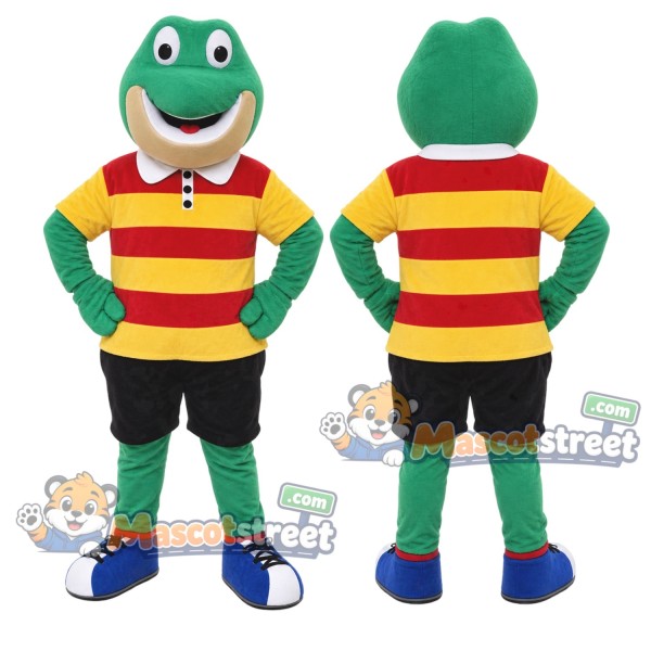Green Frog Mascot Costume with Striped Shirt and Black Shorts