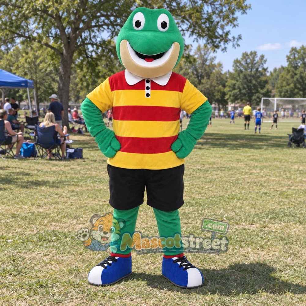 Green Frog Mascot Costume with Striped Shirt and Black Shorts Green Frog Mascot Costume with Striped Shirt and Black Shorts