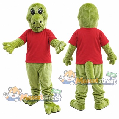 Green Dinosaur Mascot Costume with Red Shirt Green Dinosaur Mascot Costume with Red Shirt
