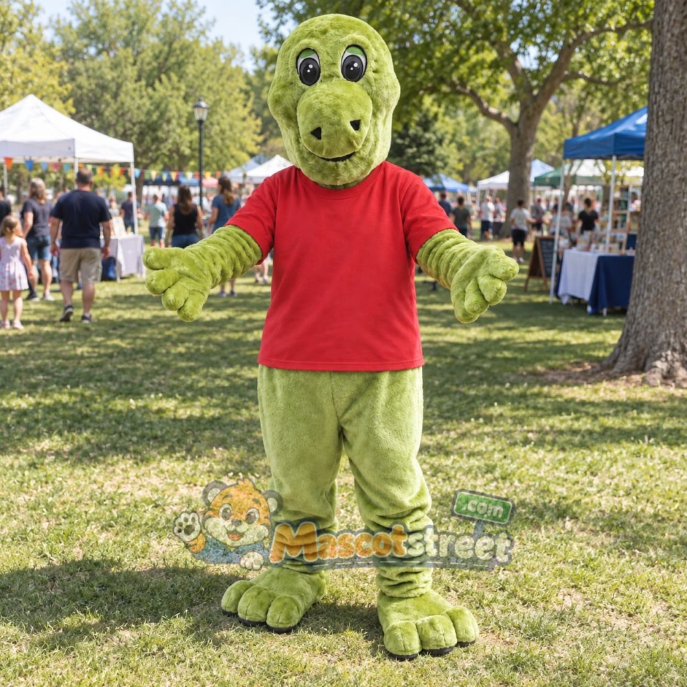 Green Dinosaur Mascot Costume with Red Shirt Green Dinosaur Mascot Costume with Red Shirt