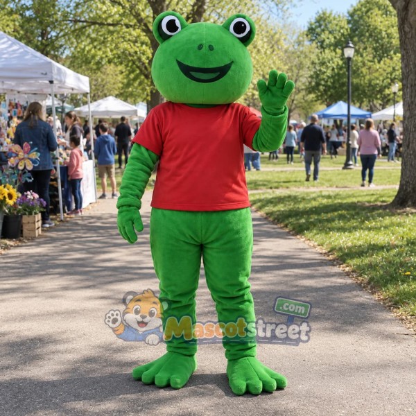 Green Frog Mascot Costume with Red Shirt