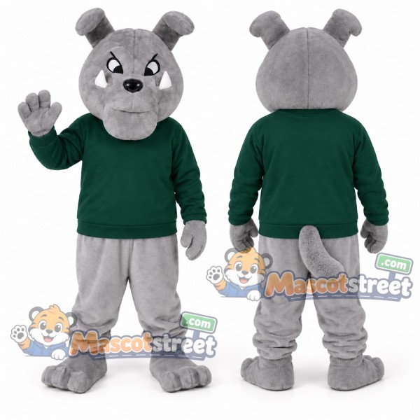 Gray Bulldog Mascot Costume with Green Sweater and Gray Trousers