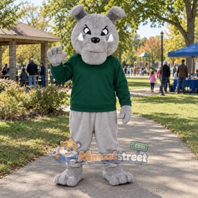 Gray Bulldog Mascot Costume with Green Sweater and Gray Trousers Gray Bulldog Mascot Costume with Green Sweater and Gray Trousers