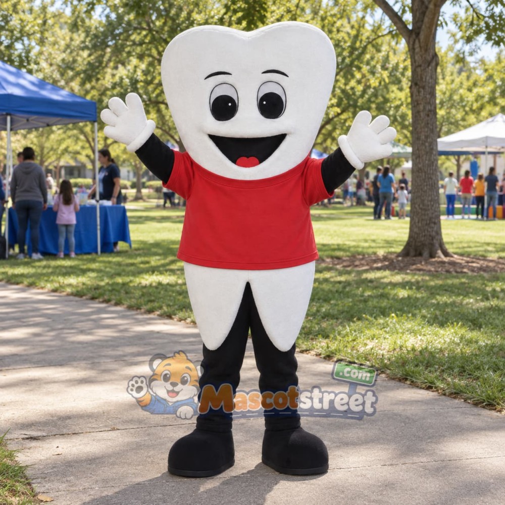 White Tooth Mascot Costume with Red Shirt White Tooth Mascot Costume with Red Shirt