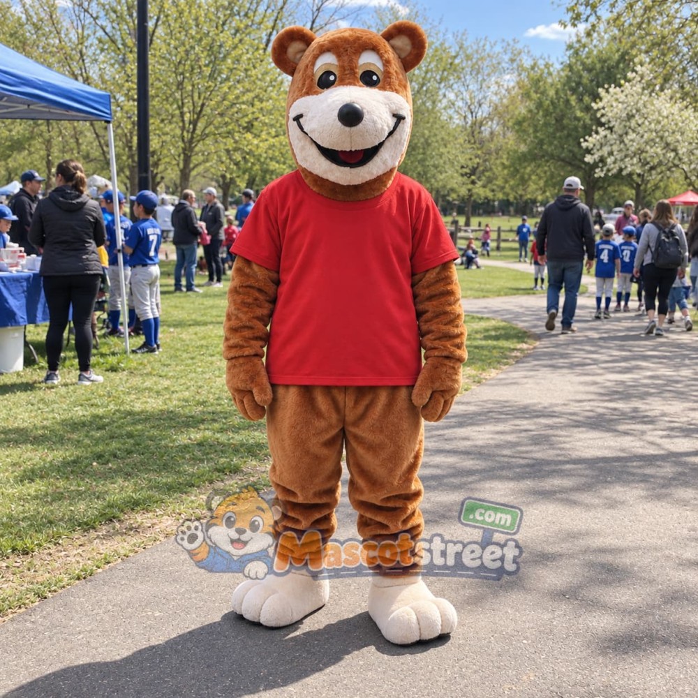 Brown Bear Mascot Costume with Red Shirt Brown Bear Mascot Costume with Red Shirt
