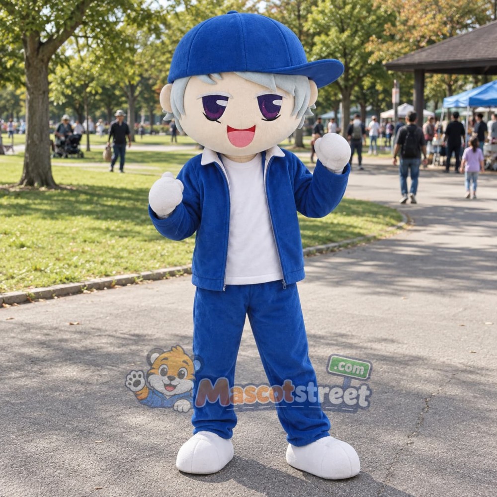 Boy Mascot Costume with Blue Jacket, Blue Trousers and Blue Cap Boy Mascot Costume with Blue Jacket, Blue Trousers and Blue Cap