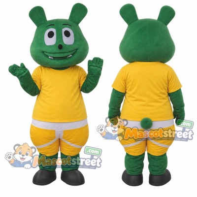 Green Rabbit Mascot Costume with Yellow Shirt and Yellow Shorts