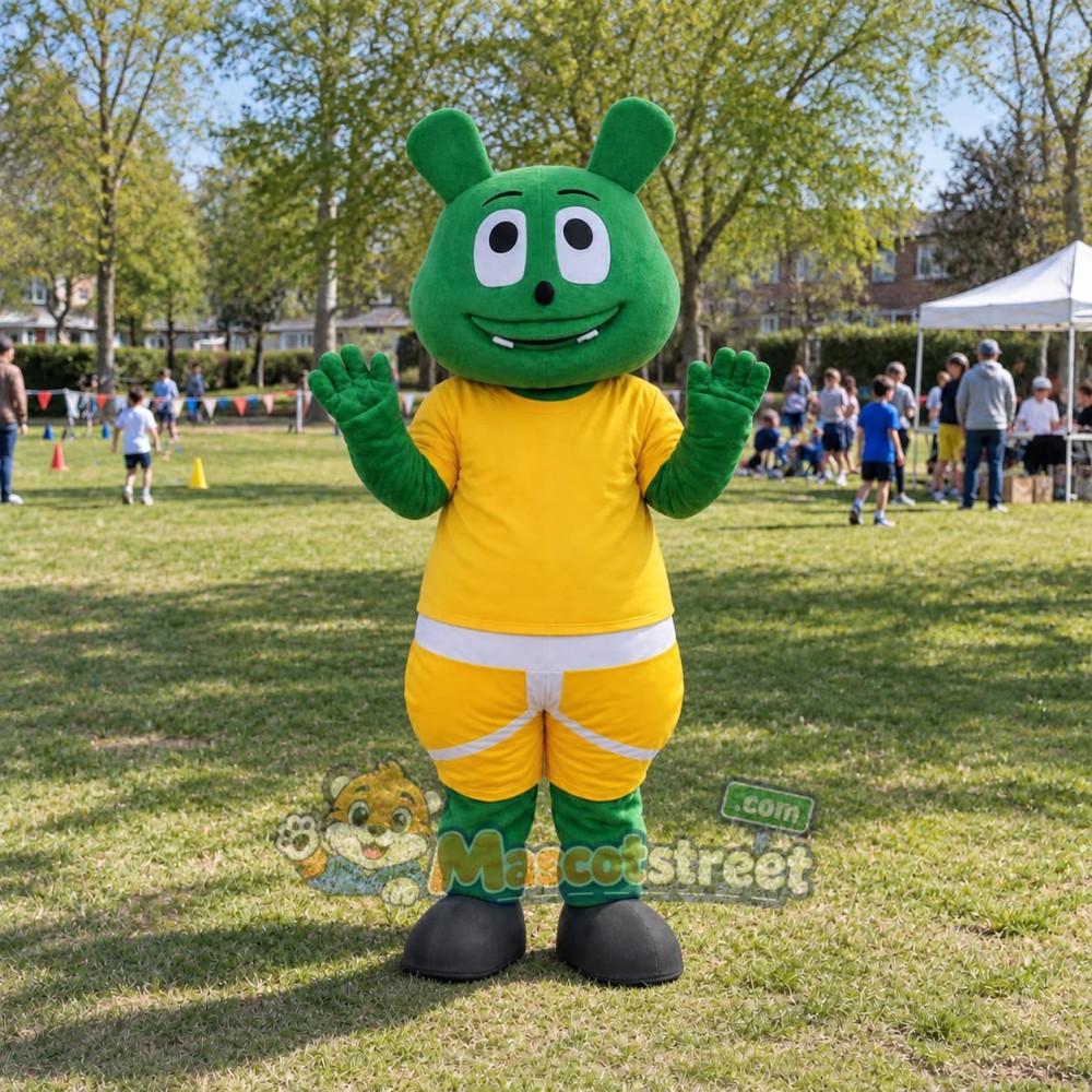 Green Rabbit Mascot Costume with Yellow Shirt and Yellow Shorts