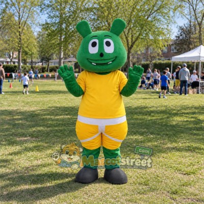 Green Rabbit Mascot Costume with Yellow Shirt and Yellow Shorts