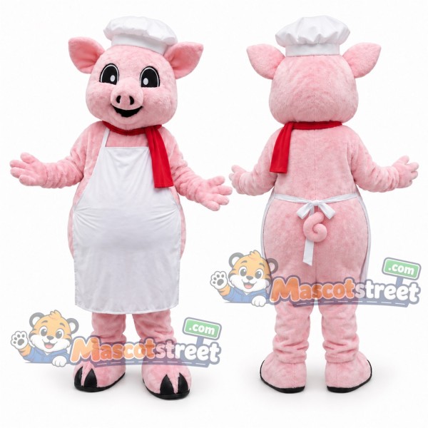 Pink Pig Mascot Costume with White Chef Apron and Hat