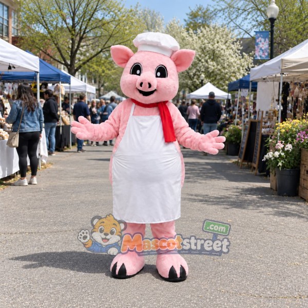 Pink Pig Mascot Costume with White Chef Apron and Hat