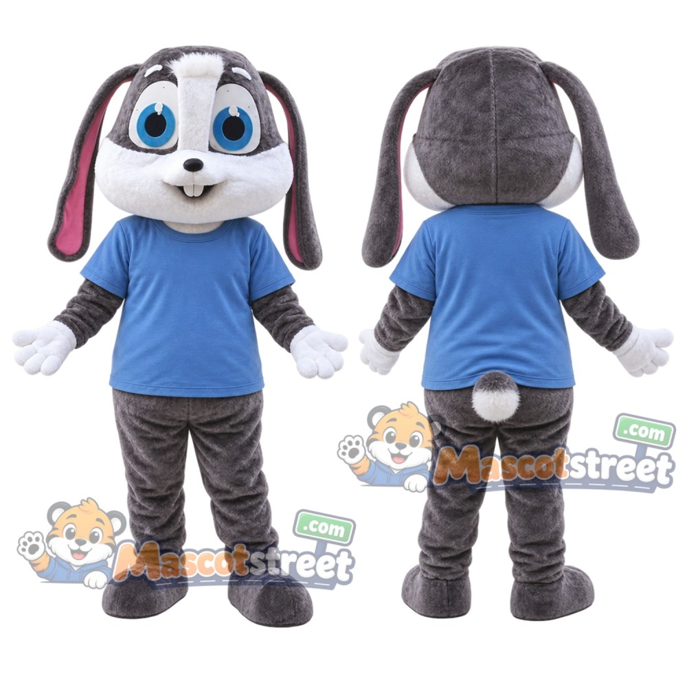 Gray Rabbit Mascot Costume with Blue Shirt