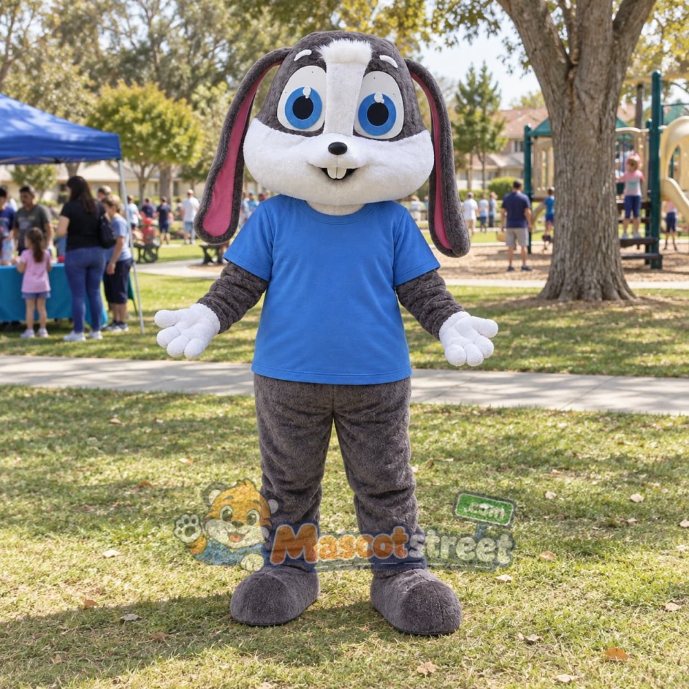 Gray Rabbit Mascot Costume with Blue Shirt