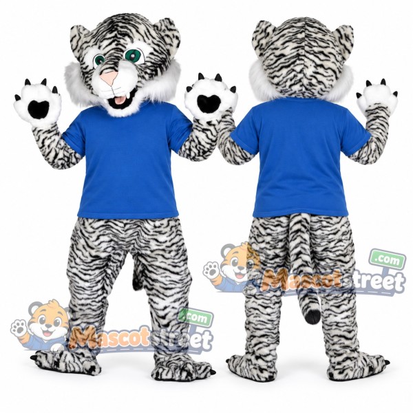 White Tiger Mascot Costume with Blue Shirt
