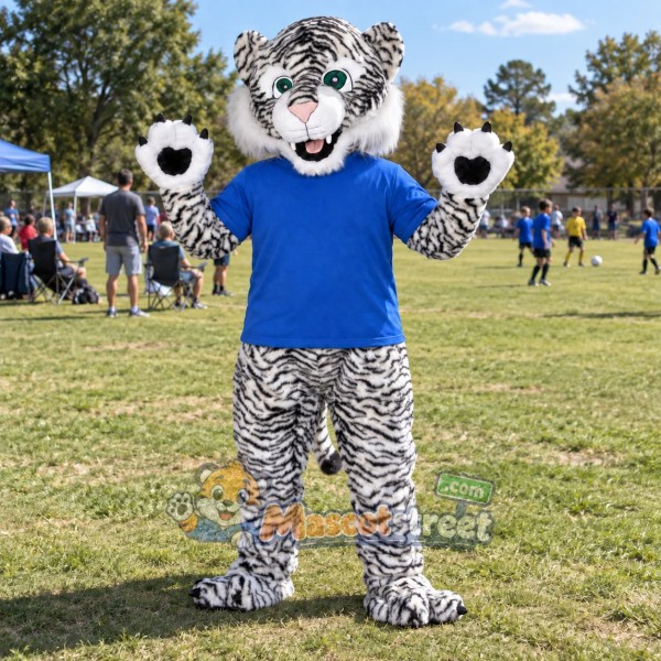 White Tiger Mascot Costume with Blue Shirt