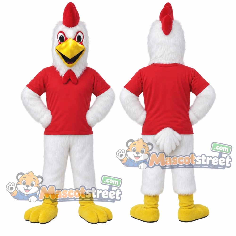 White Rooster Mascot Costume with Red Shirt White Rooster Mascot Costume with Red Shirt