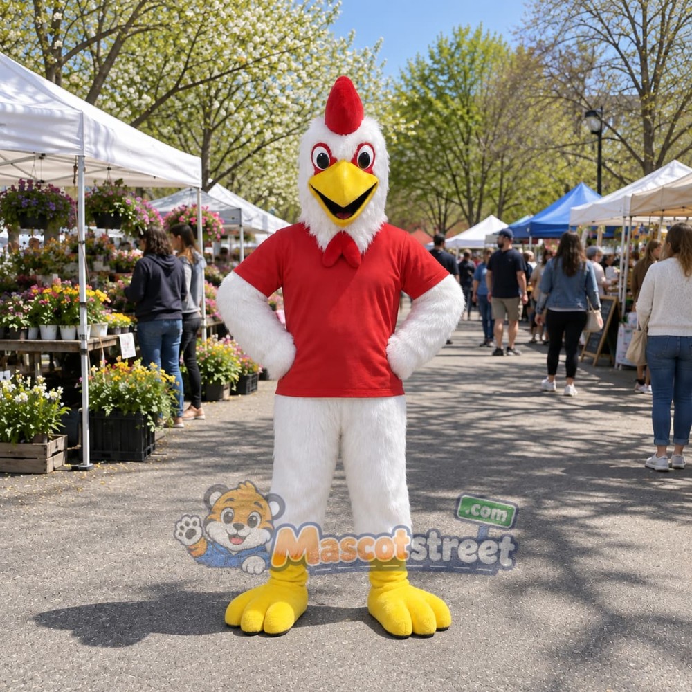White Rooster Mascot Costume with Red Shirt White Rooster Mascot Costume with Red Shirt