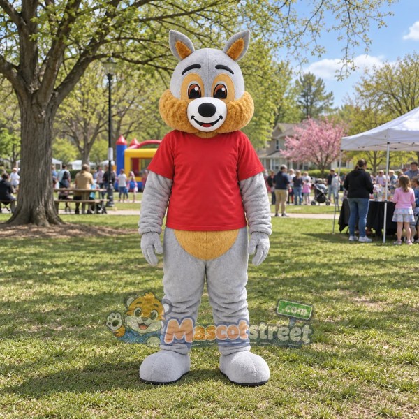 Gray Squirrel Mascot Costume with Red Shirt