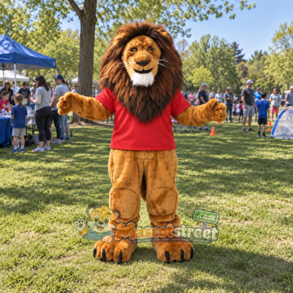 Brown Lion Mascot Costume with Red Shirt Brown Lion Mascot Costume with Red Shirt