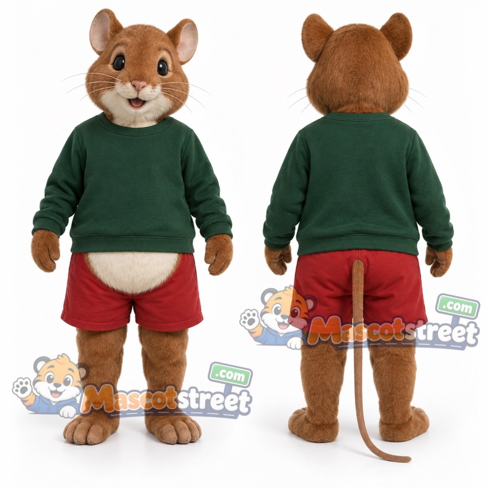 Brown Mouse Mascot Costume with Green Sweater and Red Shorts