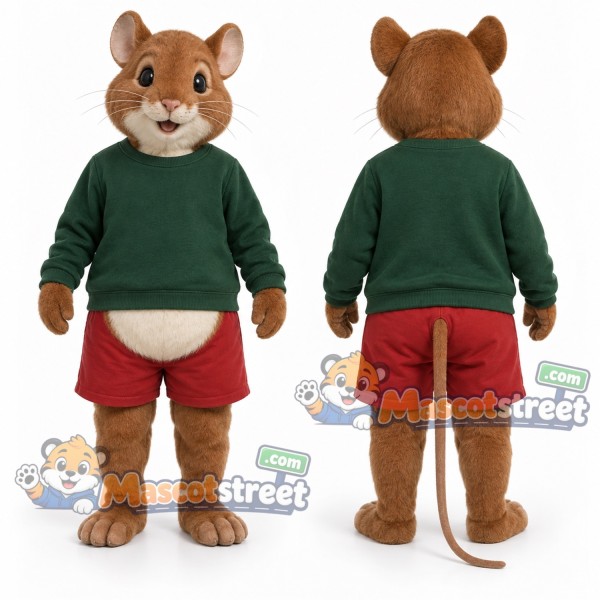 Brown Mouse Mascot Costume with Green Sweater and Red Shorts