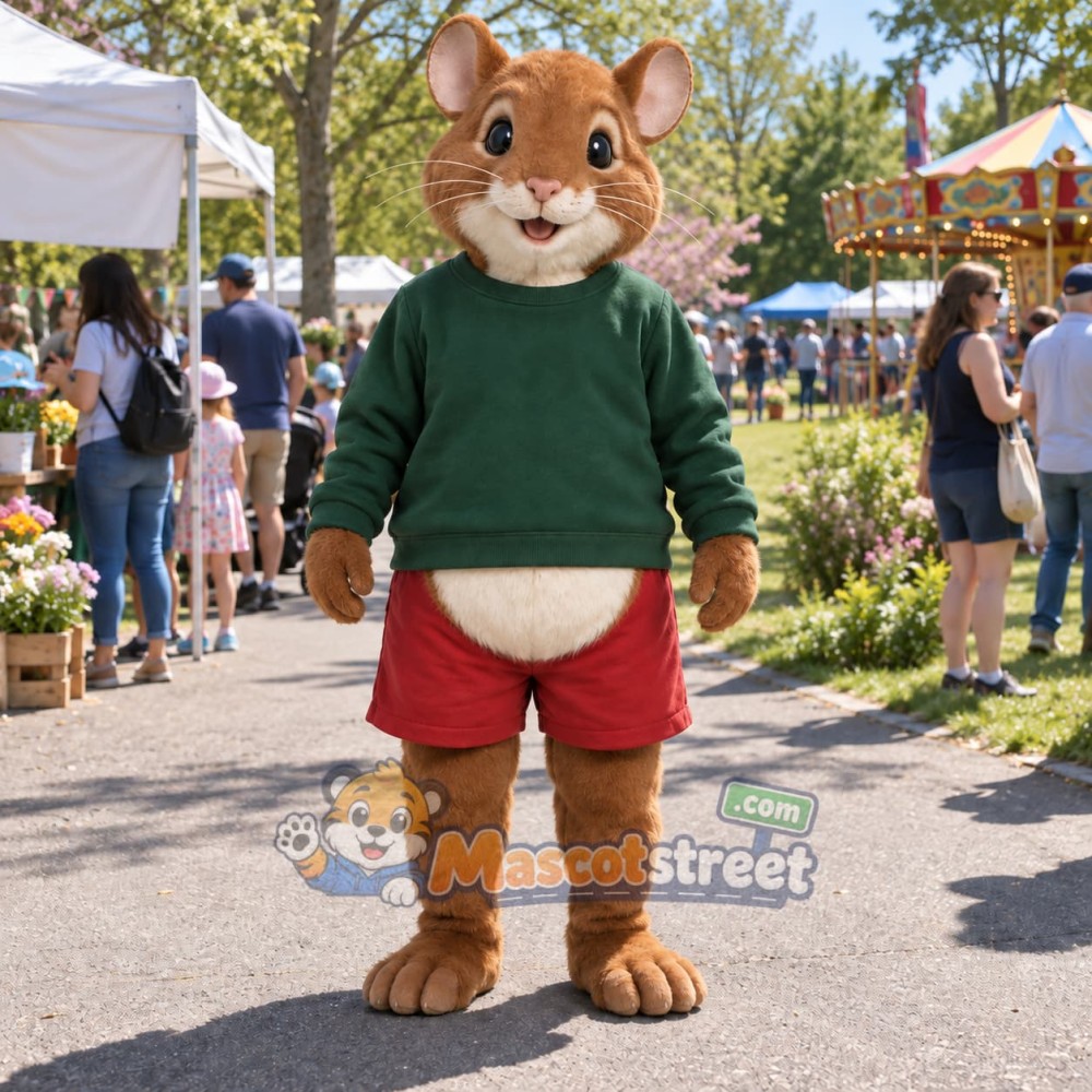 Brown Mouse Mascot Costume with Green Sweater and Red Shorts