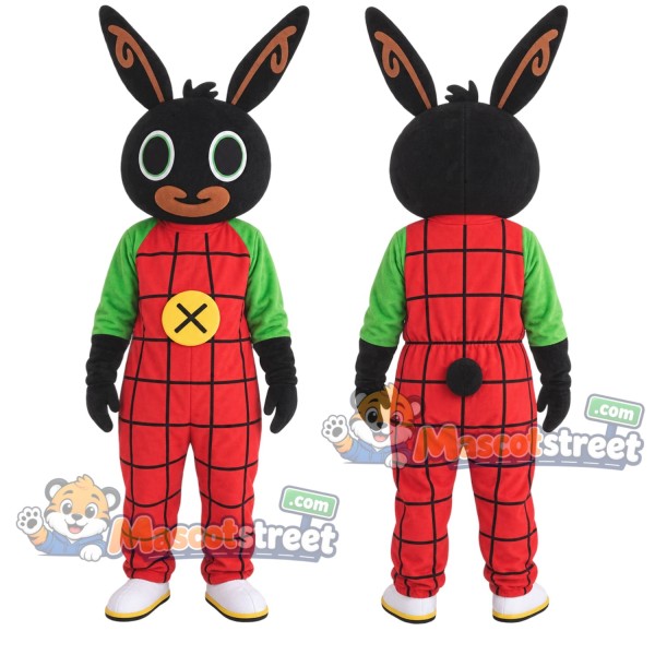 Black Rabbit Mascot Costume with Green Shirt and Red Checkered Overalls