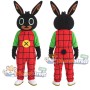 Black Rabbit Mascot Costume with Green Shirt and Red Checkered Overalls