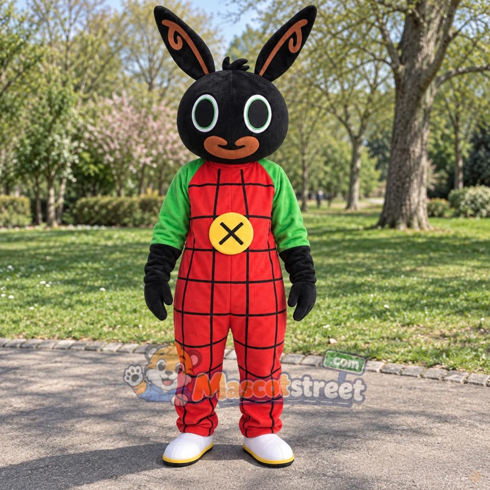 Black Rabbit Mascot Costume with Green Shirt and Red Checkered Overalls Black Rabbit Mascot Costume with Green Shirt and Red Checkered Overalls