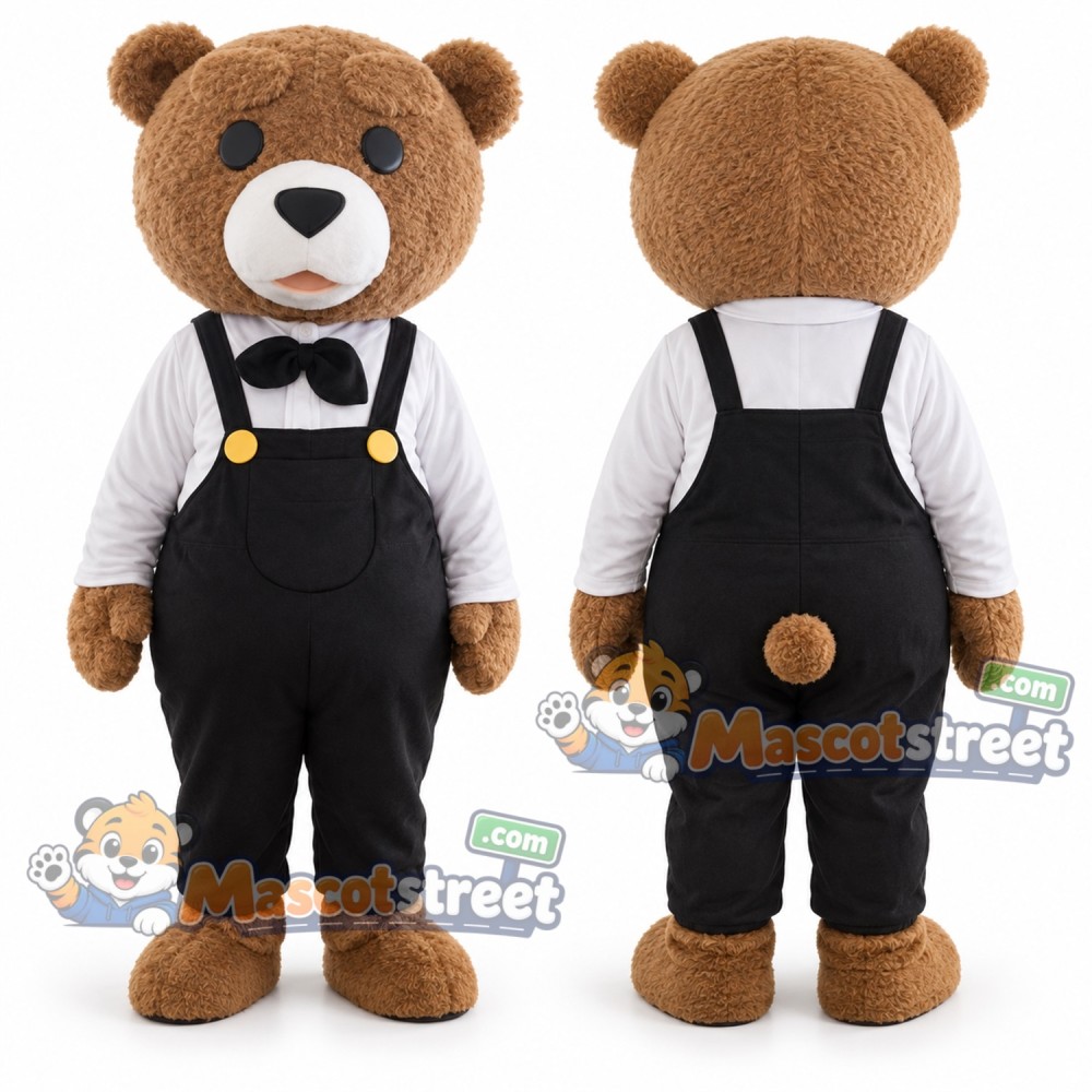 Brown Bear Mascot Costume with White Shirt and Black Overalls