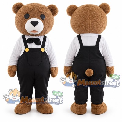 Brown Bear Mascot Costume with White Shirt and Black Overalls