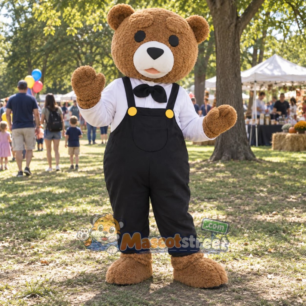 Brown Bear Mascot Costume with White Shirt and Black Overalls