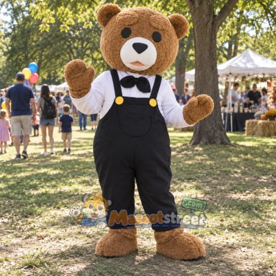 Brown Bear Mascot Costume with White Shirt and Black Overalls