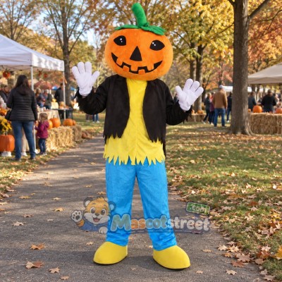 Pumpkin Mascot Costume with Black Jacket and Blue Trousers