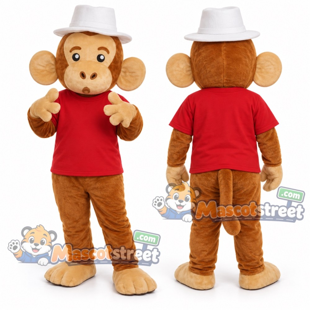 Brown Monkey Mascot Costume with Red Shirt and White Hat