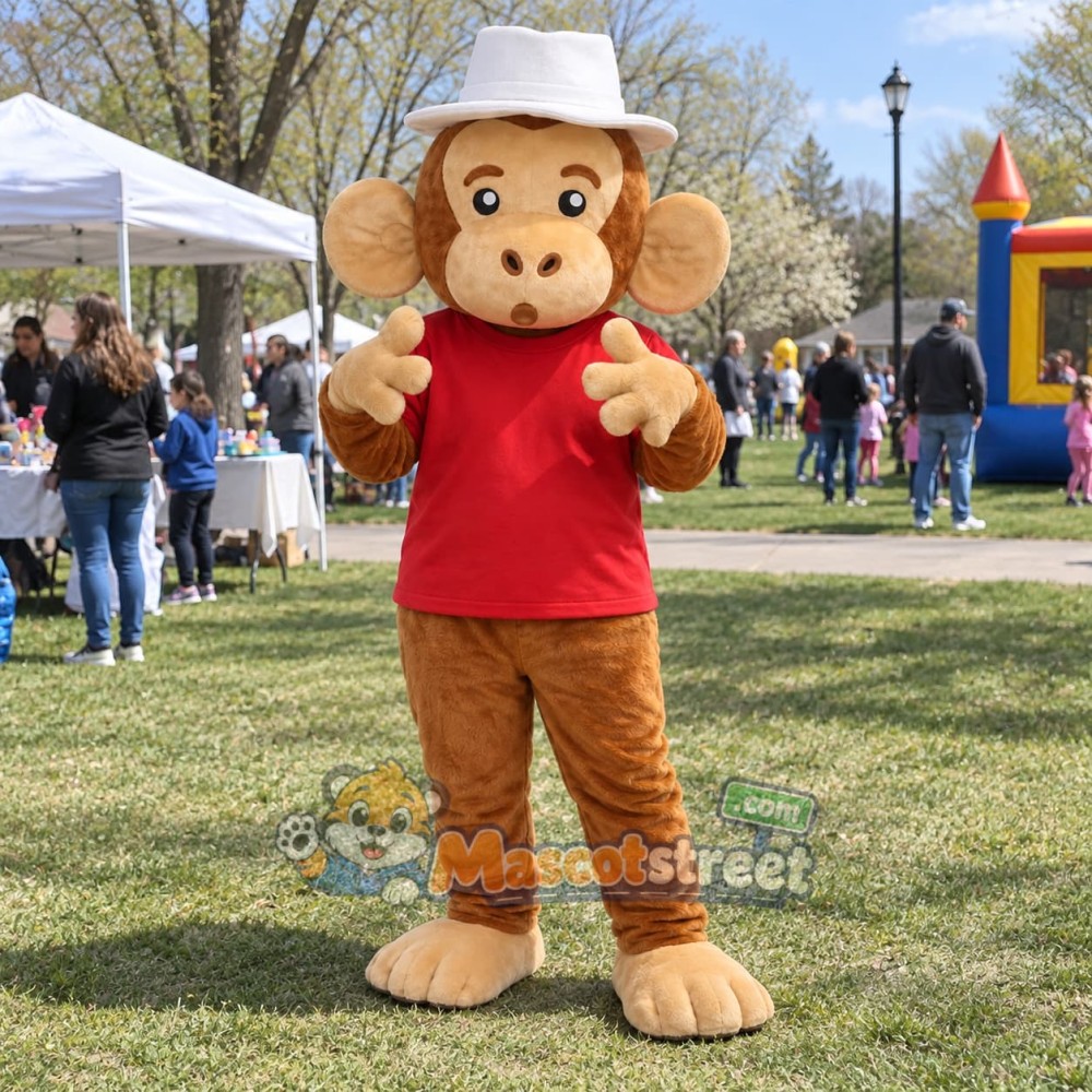 Brown Monkey Mascot Costume with Red Shirt and White Hat