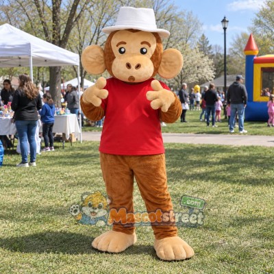 Brown Monkey Mascot Costume with Red Shirt and White Hat