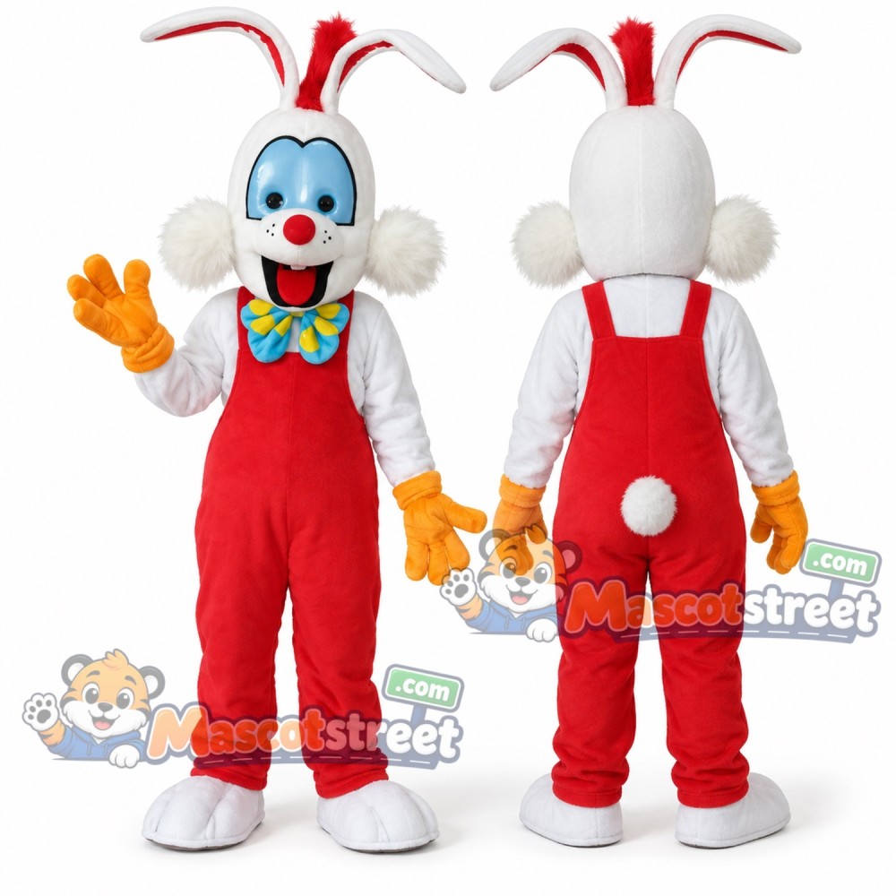 White Rabbit Mascot Costume with Red Overalls and Multicolor Bow Tie